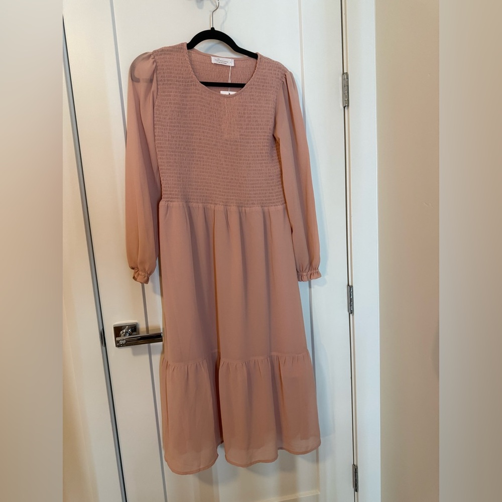 NWT Smocked Bodice Pink Prairie Midi Dress - Size M - Picture 2 of 7